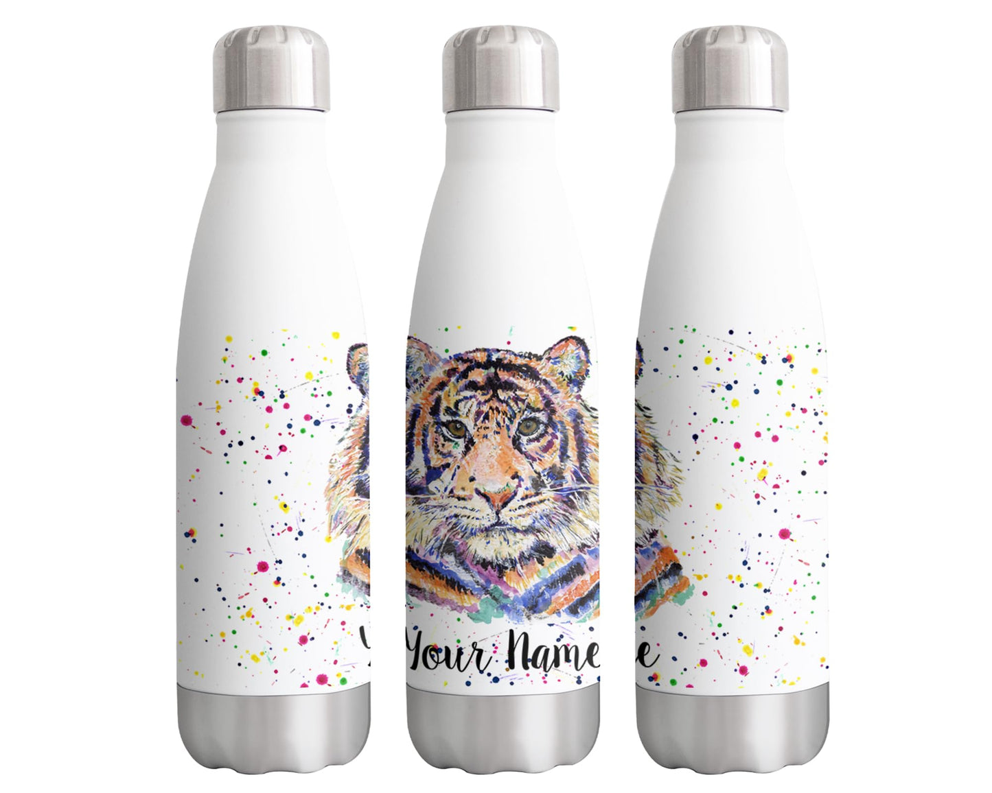 Vixar Tiger Personalised Custom Bottle with your Text/name Watercolour big cat safari Animals Bottle Double Wall Insulated Stainless Steel Sport Drinks 500ml