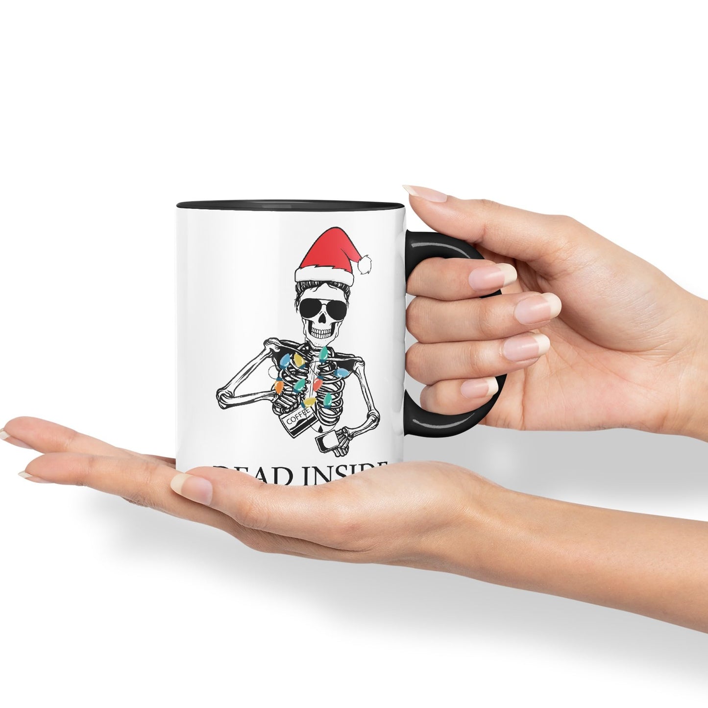 Dead Inside but Coffeinated Christmas Skull Sarcastic Joke Ceramic Coloured Mug Cup for Tea Coffee Hot Brew 330ml 11Oz
