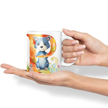 Letter P mug, Animals Alphabet Letter P Monogram animal for kids Ceramic Coloured Mug Cup for Tea Coffee Hot brew 330ml 11Oz Gift