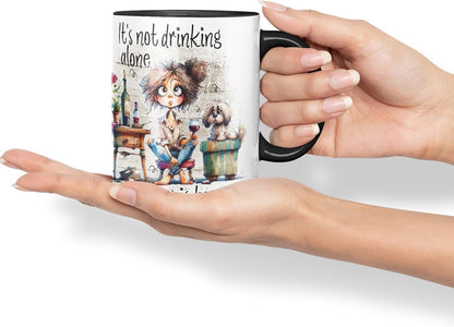 Vixar It’s Not Drinking Alone If The Dog is Home Funny Wine & Dog Coloured Mug Cup 11oz (Black)
