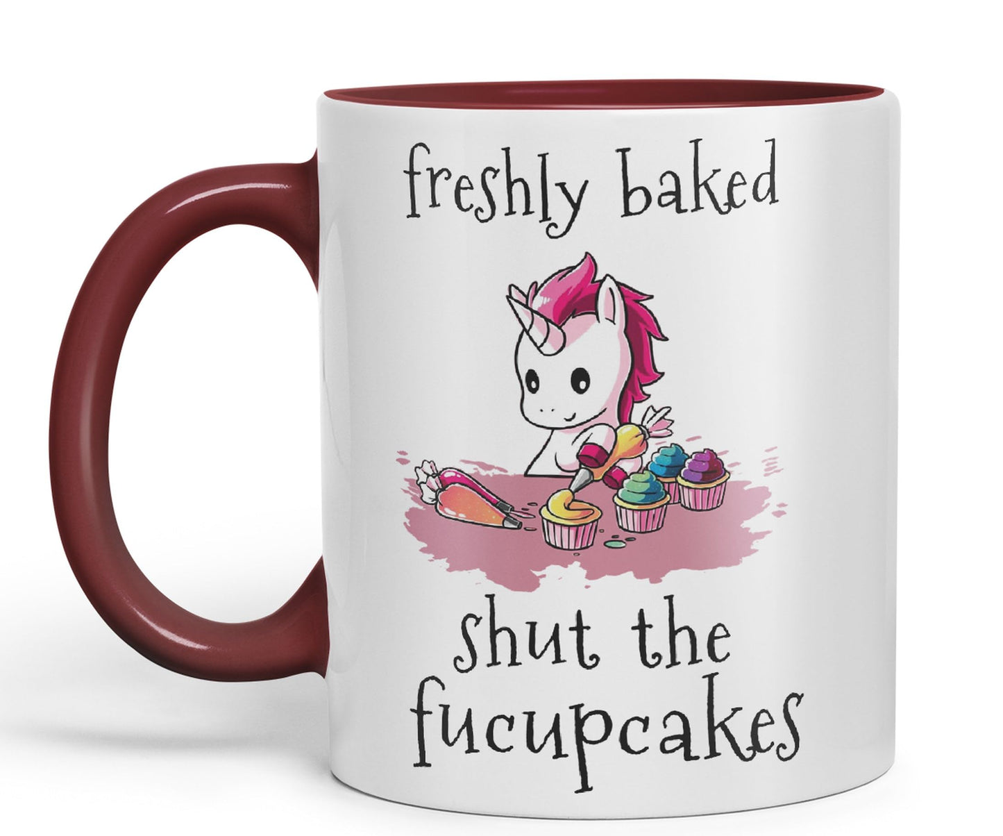 Freshly Baked, Shut The fucupcakes, Unicorn Sarcastic Joke Ceramic Coloured Mug Cup for Tea Coffee Hot Brew 330ml 11Oz
