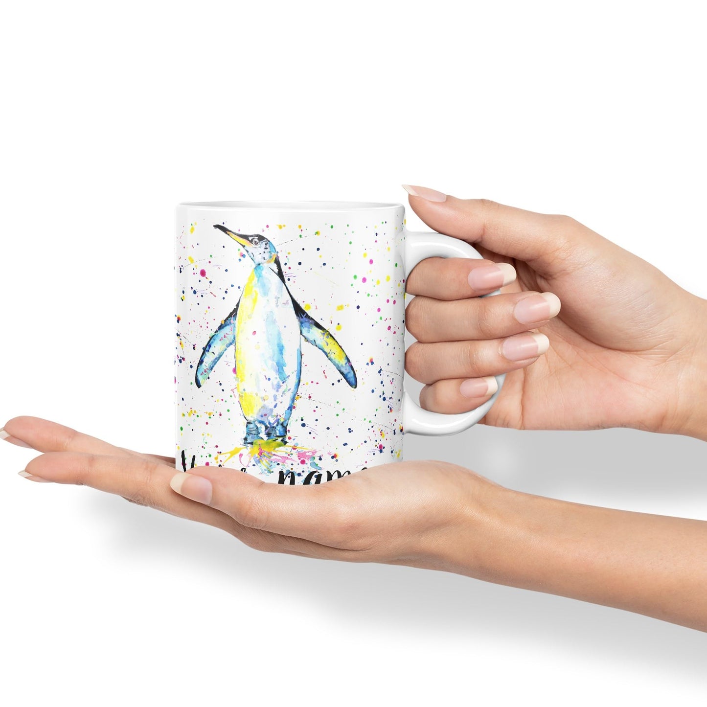 Vixar Personalised with Your Text Penguins Bird Watercolour Art Coloured Ceramic Mug Cup Gift 330ml 11oz Custom Work Office Tea Coffee (O1)