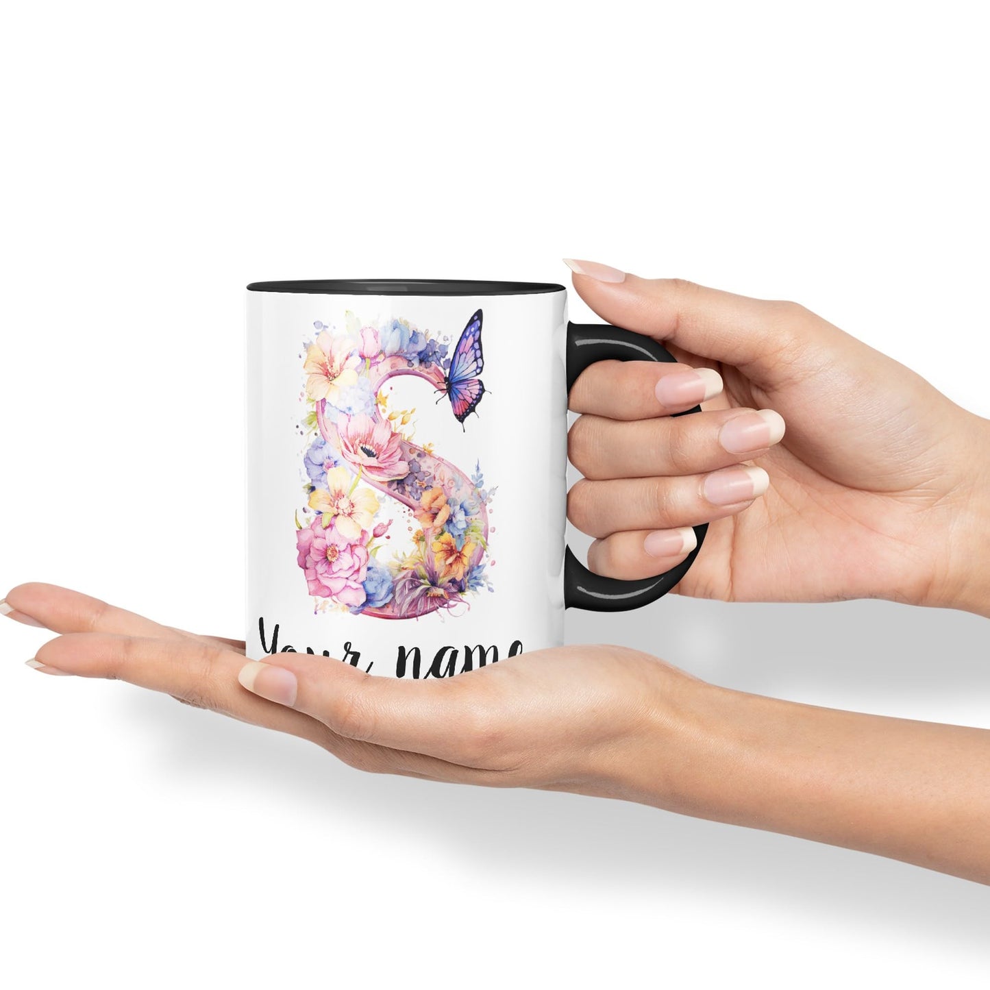 Personalised Letter S mug, Customized Custom Floral flowers butterfly Alphabet Letter S Monogram watercolour Ceramic Coloured Mug Cup for Tea Coffee Hot brew 330ml 11Oz Gift