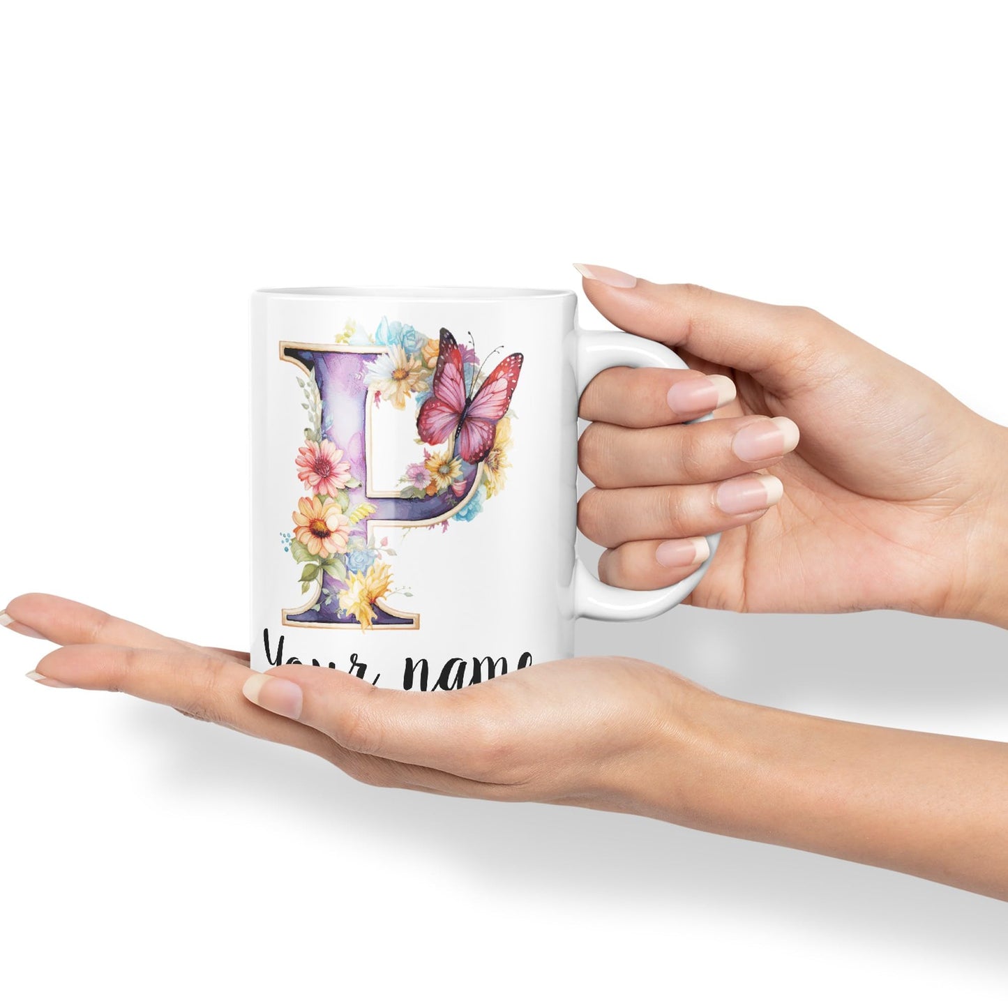 Personalised Letter P mug, Customized Custom Floral flowers butterfly Alphabet Letter P Monogram watercolour Ceramic Coloured Mug Cup for Tea Coffee Hot brew 330ml 11Oz Gift