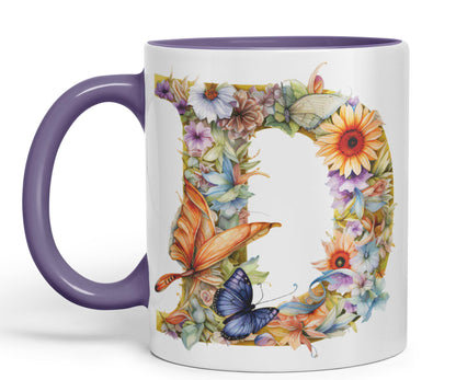 Letter D mug, Floral flowers butterfly Alphabet Letter D Monogram watercolour Ceramic Coloured Mug Cup for Tea Coffee Hot brew 330ml 11Oz Gift