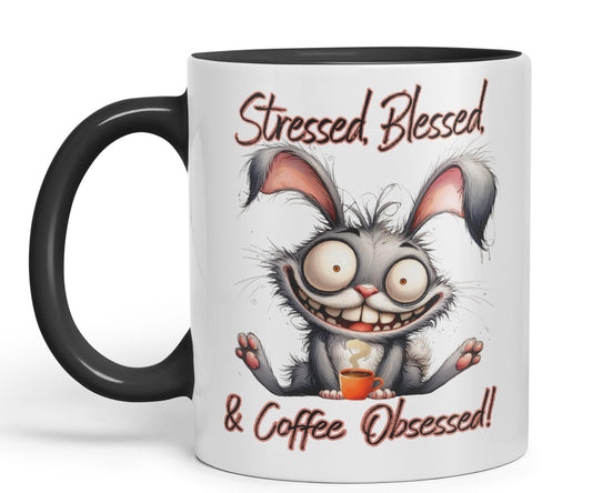 Stressed, Blessed & Coffee Obsessed! Bunny Hare Joke sarkasm Sarcastic Ceramic Coloured Mug Cup for Tea Coffee Hot Brew 330ml 11Oz Gift