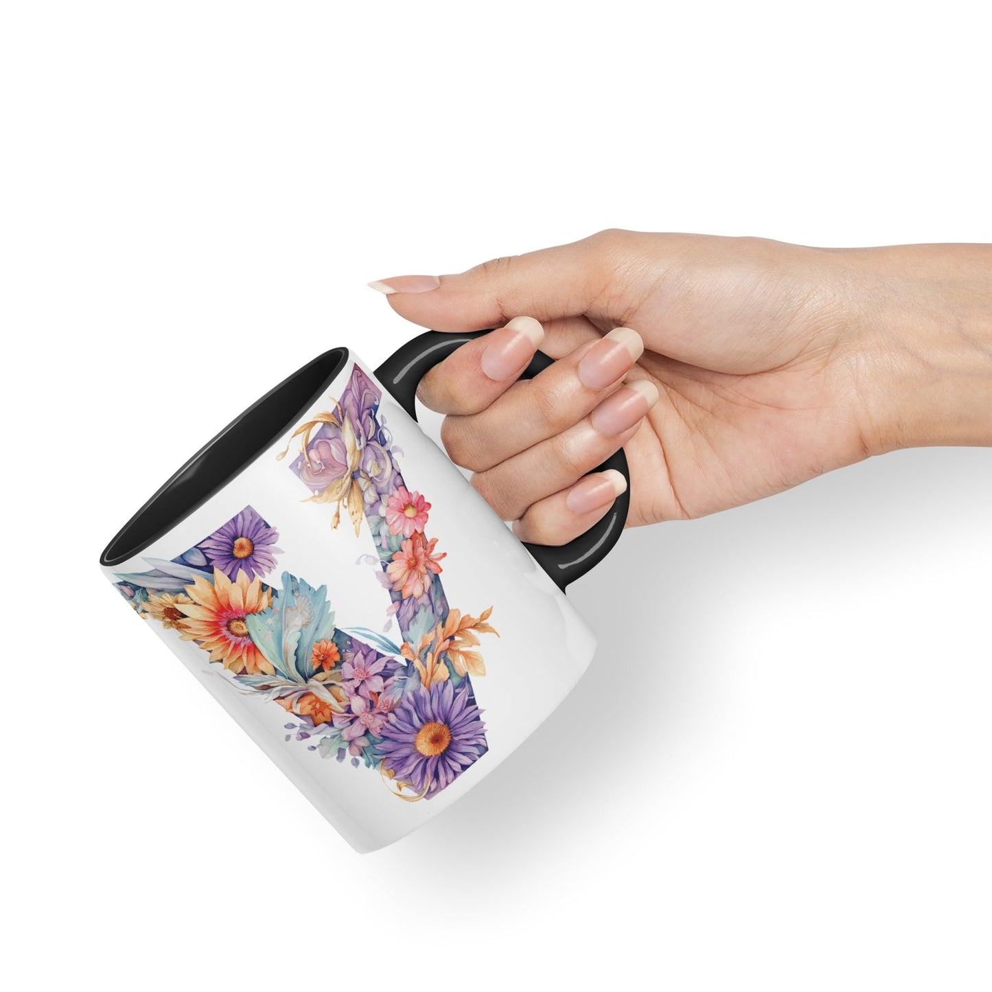 Letter V mug, Floral flowers butterfly Alphabet Letter V Monogram watercolour Ceramic Coloured Mug Cup for Tea Coffee Hot brew 330ml 11Oz Gift