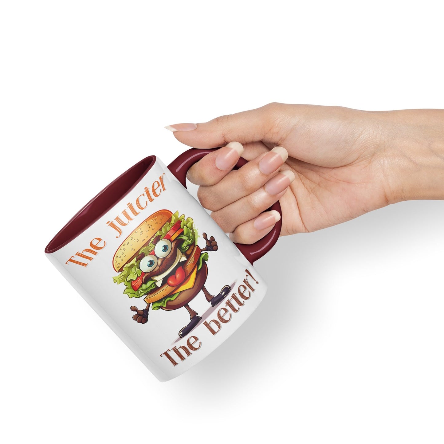 The Juicier The Better Burger, Joke sarkasm Sarcastic Ceramic Coloured Mug Cup for Tea Coffee Hot Brew 330ml 11Oz Gift