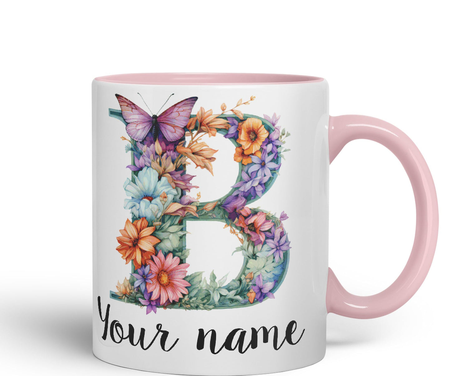 Personalised Letter B mug, Customized Custom Floral flowers butterfly Alphabet Letter B Monogram watercolour Ceramic Coloured Mug Cup for Tea Coffee Hot brew 330ml 11Oz Gift