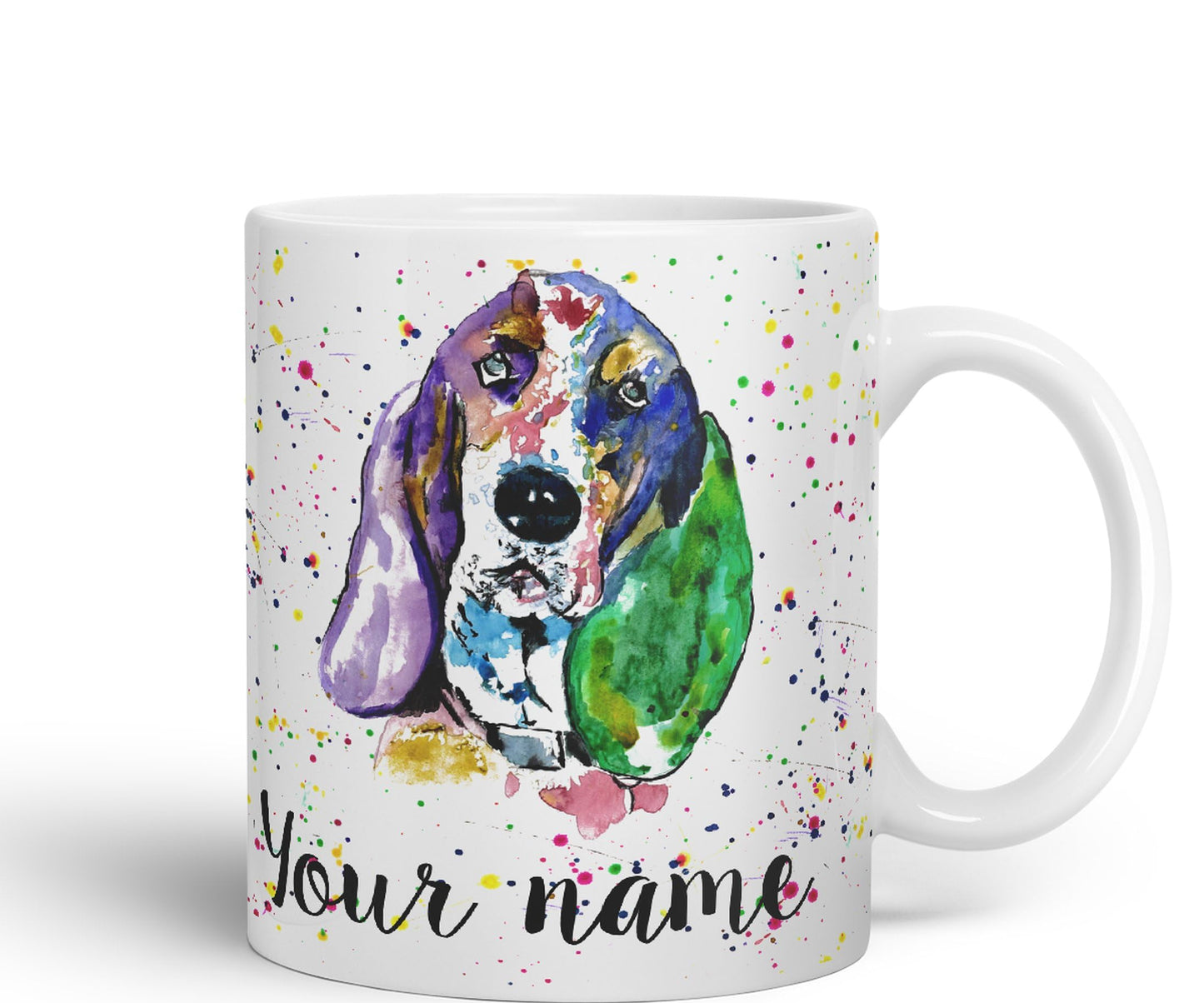 Personalised mug with Your Text name Basset Hound Hunting Dog Pet animals Watercolour Art Coloured Ceramic Mug Cup Gift 330ml 11oz Custom Work Office Tea Coffee