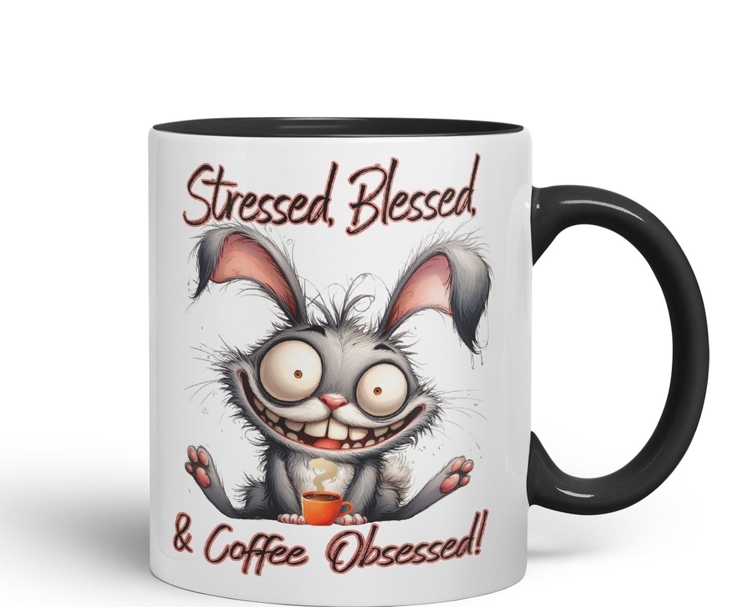 Stressed, Blessed & Coffee Obsessed! Bunny Hare Joke sarkasm Sarcastic Ceramic Coloured Mug Cup for Tea Coffee Hot Brew 330ml 11Oz Gift