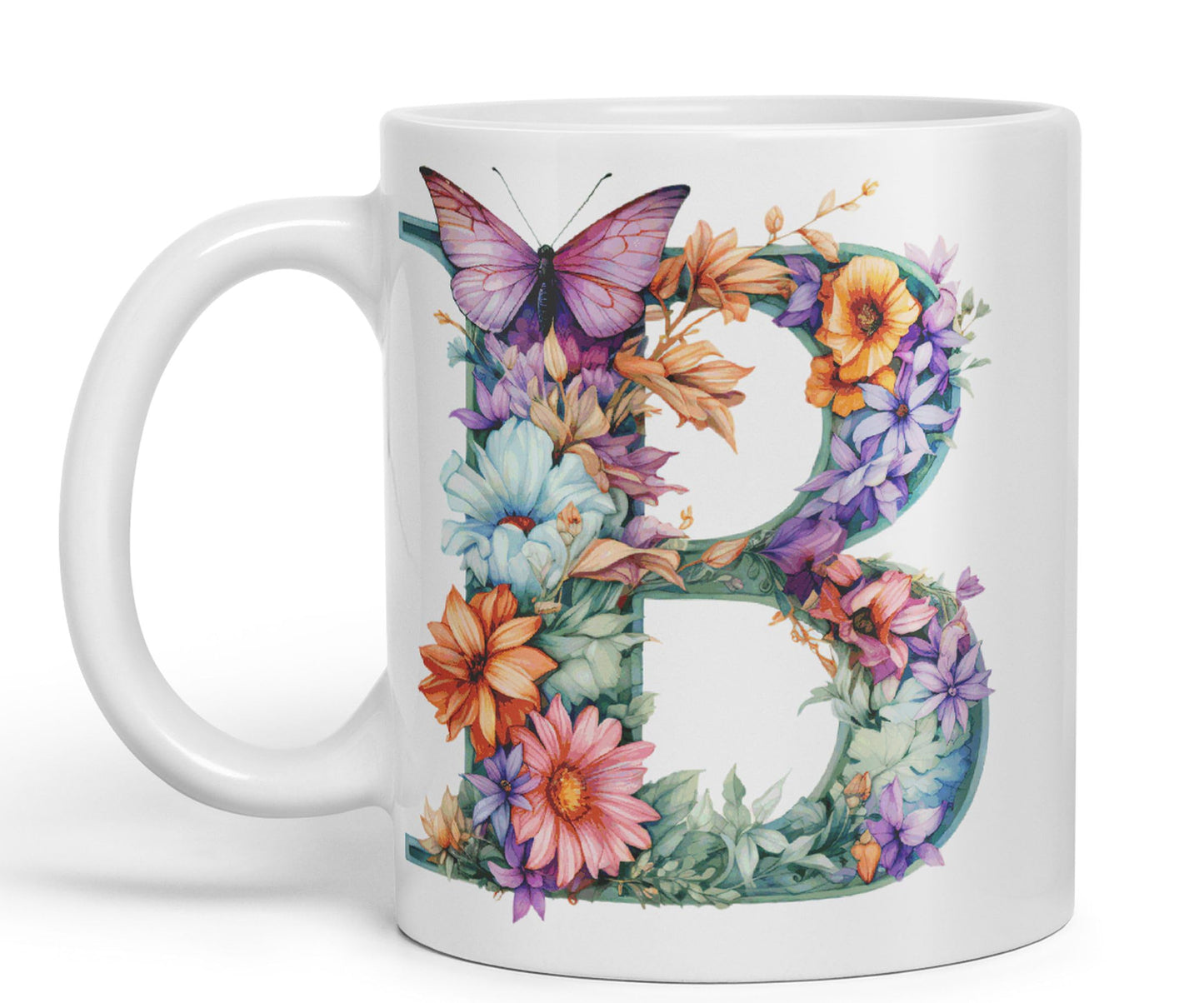 Letter B mug, Floral flowers butterfly Alphabet Letter B Monogram watercolour Ceramic Coloured Mug Cup for Tea Coffee Hot brew 330ml 11Oz Gift