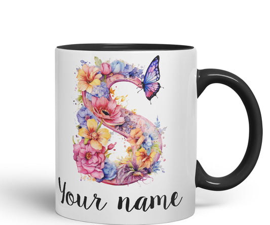 Personalised Letter S mug, Customized Custom Floral flowers butterfly Alphabet Letter S Monogram watercolour Ceramic Coloured Mug Cup for Tea Coffee Hot brew 330ml 11Oz Gift