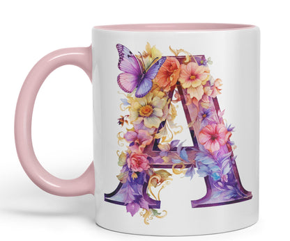 Letter A mug, Floral flowers butterfly Alphabet Letter A Monogram watercolour Ceramic Coloured Mug Cup for Tea Coffee Hot brew 330ml 11Oz Gift