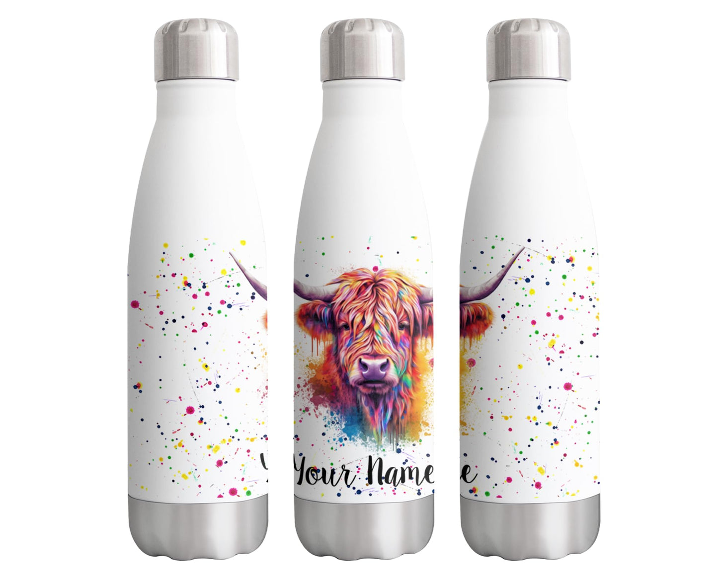 Highland Cow Personalised Custom Bottle with Your Text/Name Watercolour Scottish Farm Animals Bottle Double Wall Insulated Stainless Steel Sport Drinks 500ml HC4