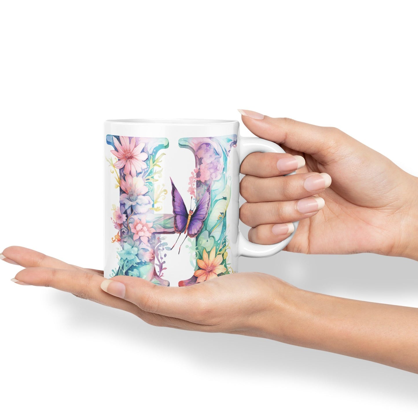 Letter H mug, Floral flowers butterfly Alphabet Letter H Monogram watercolour Ceramic Coloured Mug Cup for Tea Coffee Hot brew 330ml 11Oz Gift