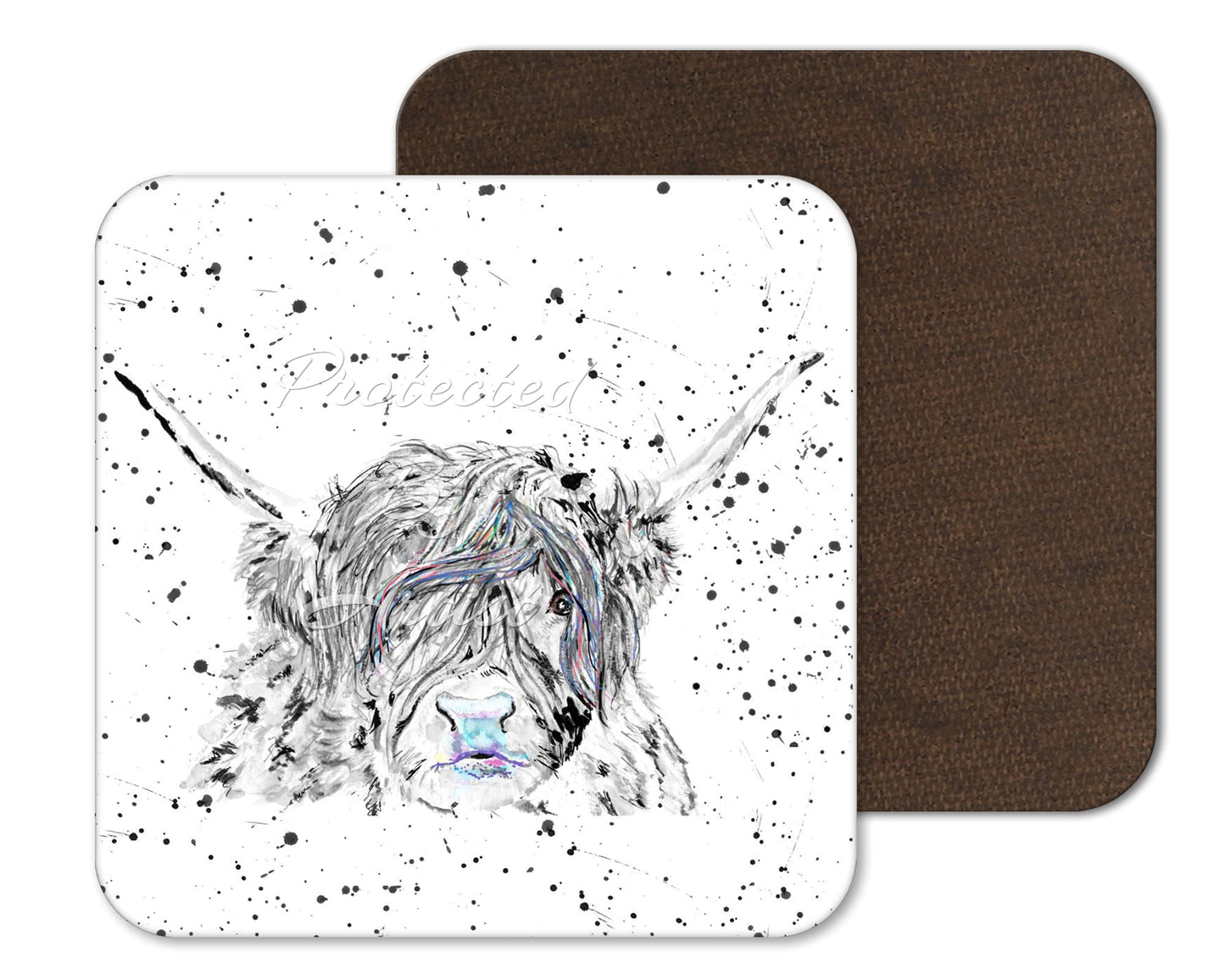 Coaster Highland Cow Scottish Farm Black white Animals Coasters Watercolour Art Gift Work Office Dining Tea coffee