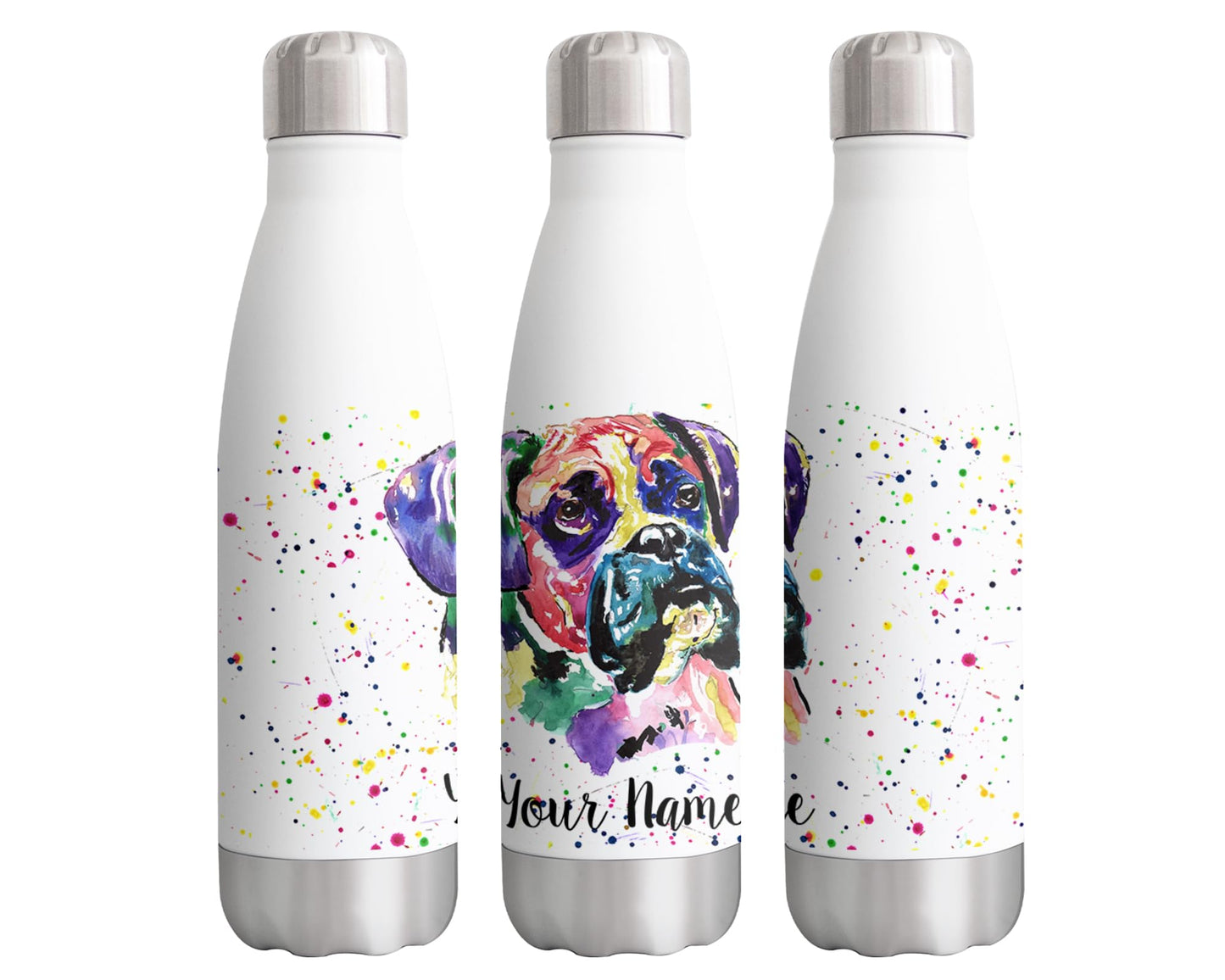 Vixar Boxer Personalised Custom Bottle with your Text/name Bully Dog pet Animals Watercolour Art animals Bottle double Wall insulated Stainless steel sport Drinks 500ml