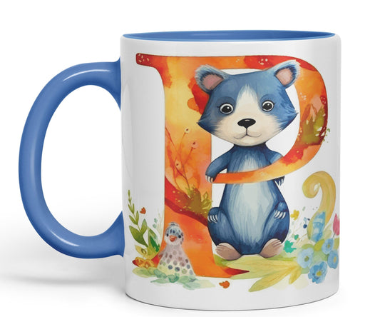 Letter P mug, Animals Alphabet Letter P Monogram animal for kids Ceramic Coloured Mug Cup for Tea Coffee Hot brew 330ml 11Oz Gift