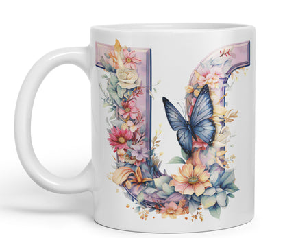 Letter U mug, Floral flowers butterfly Alphabet Letter U Monogram watercolour Ceramic Coloured Mug Cup for Tea Coffee Hot brew 330ml 11Oz Gift
