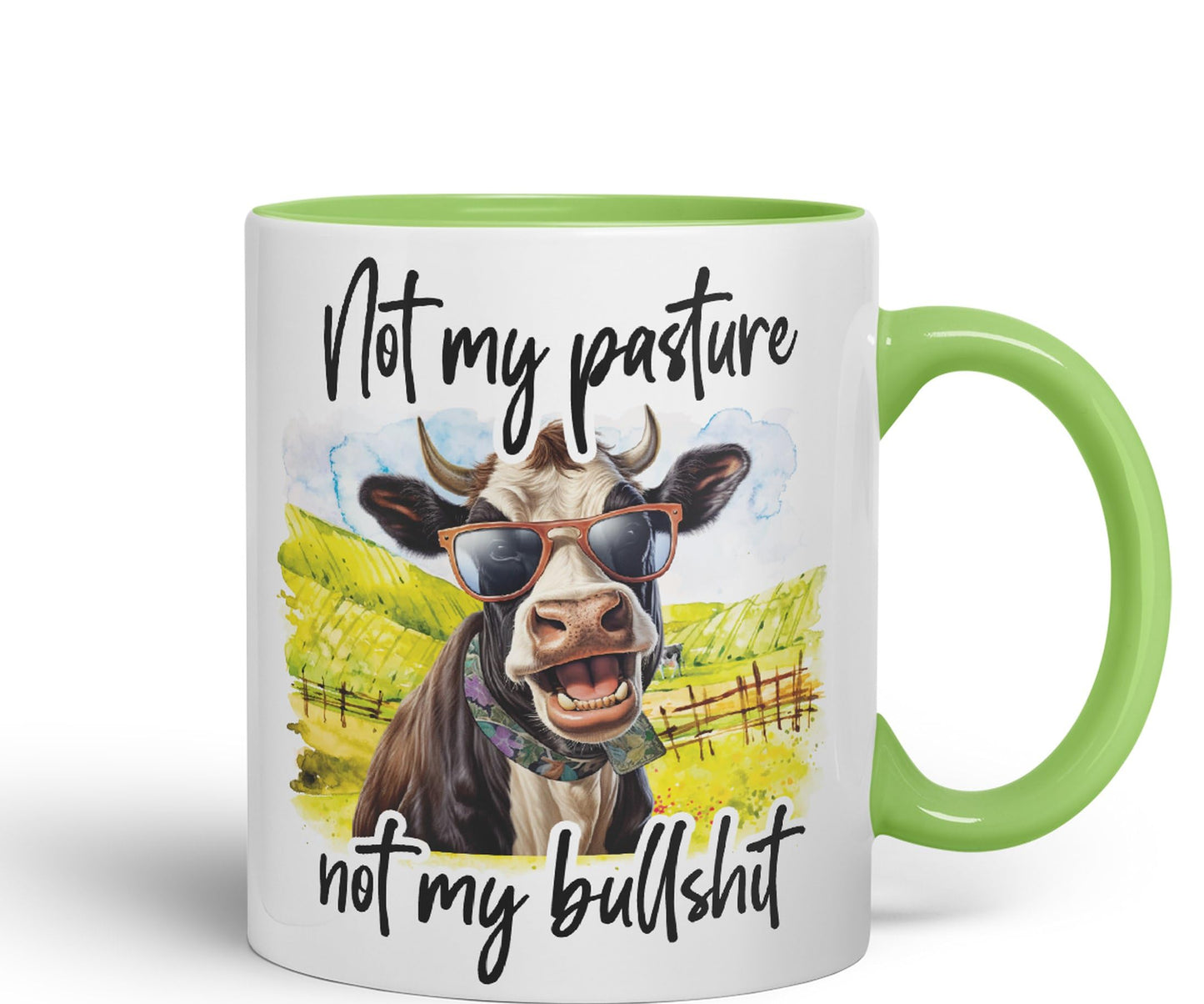 Not My Pasture, not My Bullshit Cow Joke sarkasm Sarcastic Ceramic Coloured Mug Cup for Tea Coffee Hot Brew 330ml 11Oz Gift