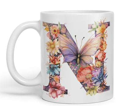 Letter N mug, Floral flowers butterfly Alphabet Letter N Monogram watercolour Ceramic Coloured Mug Cup for Tea Coffee Hot brew 330ml 11Oz Gift