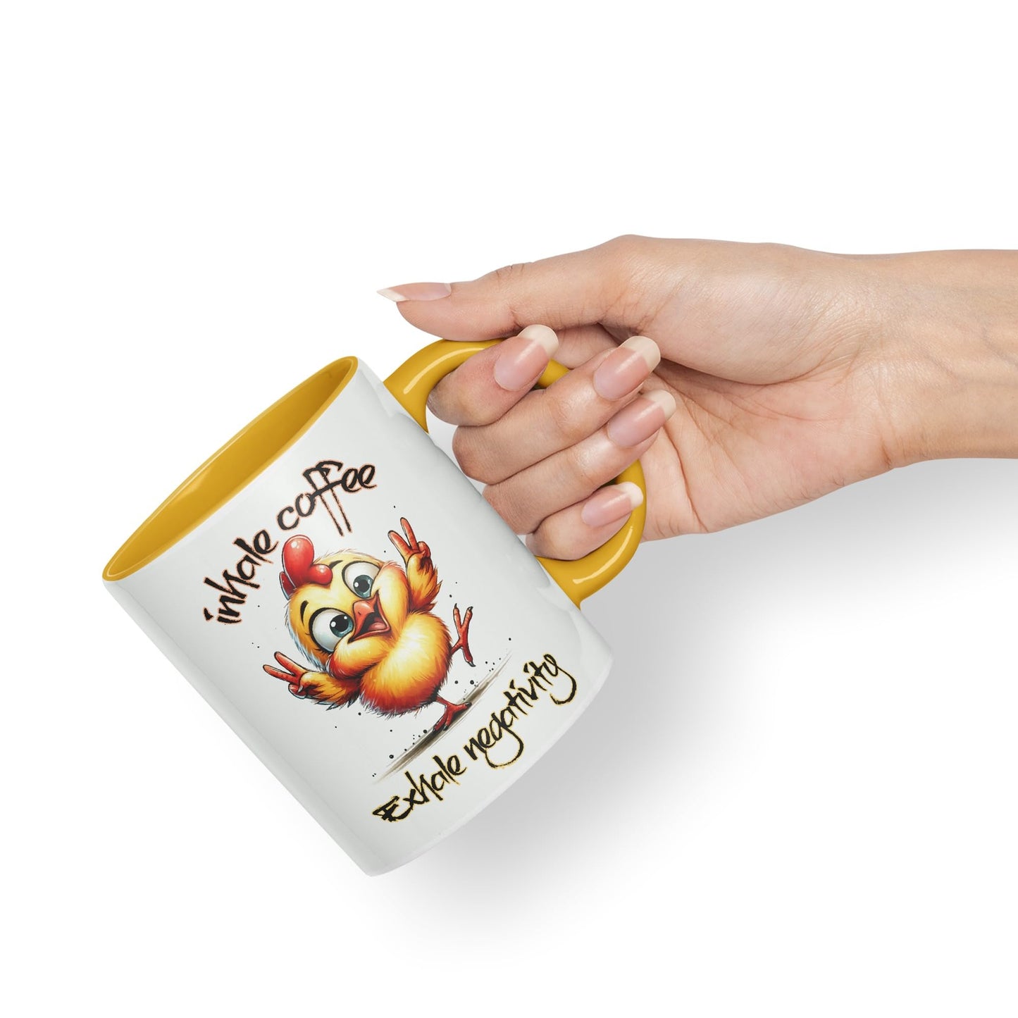 Inhale Coffee Exhale Negativity Chicken Joke sarkasm Sarcastic Ceramic Coloured Mug Cup for Tea Coffee Hot Brew 330ml 11Oz Gift