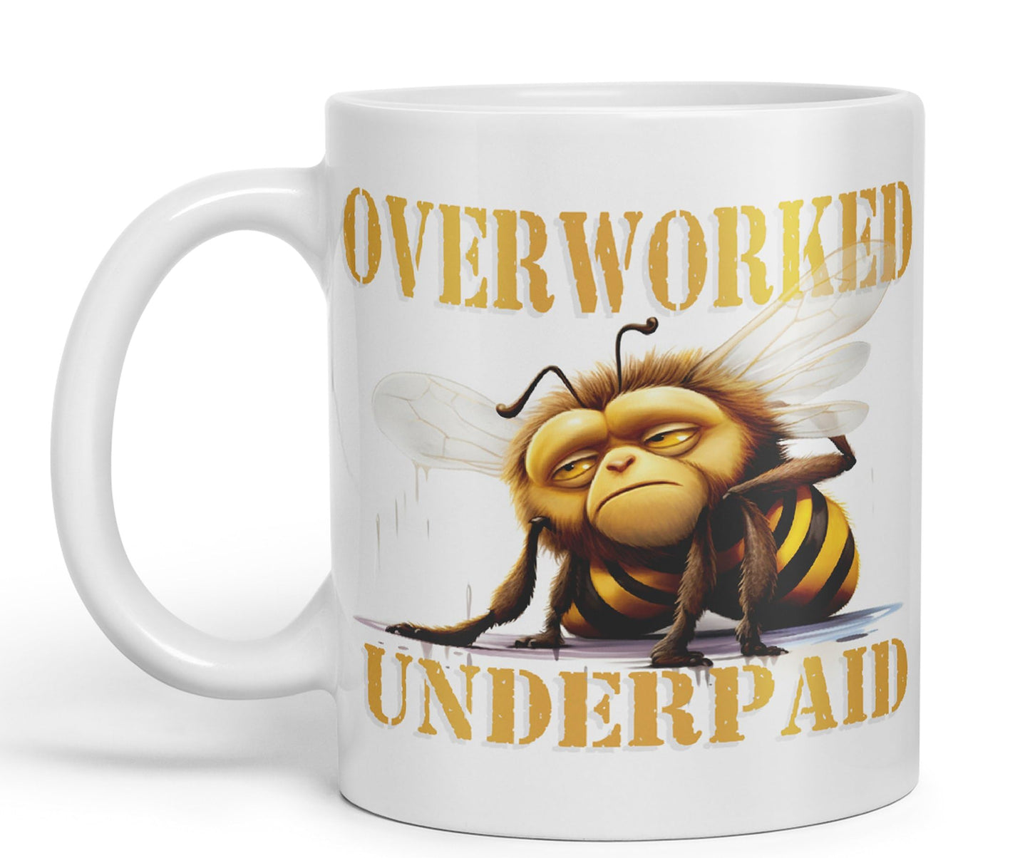 Overworked Underpaid bee Work Joke sarkasm Sarcastic Ceramic Coloured Mug Cup for Tea Coffee Hot Brew 330ml 11Oz Gift