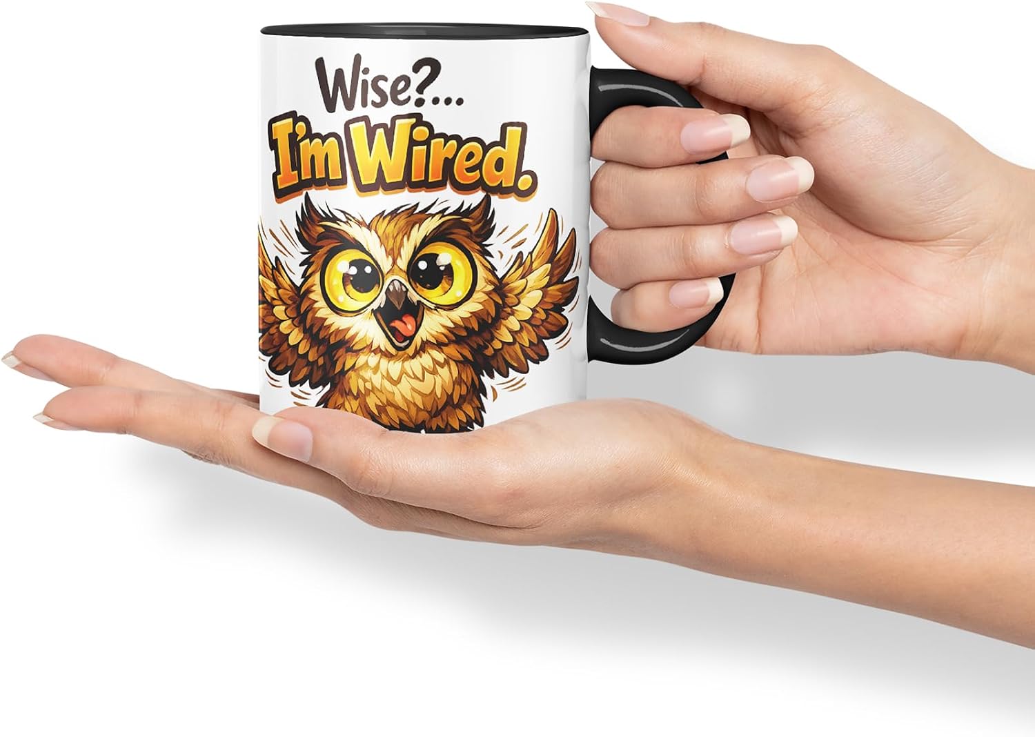 Vixar Wise I'm Wired Funny Owl Mug – Coloured Ceramic Mug Cup Gift, 11oz (Black)