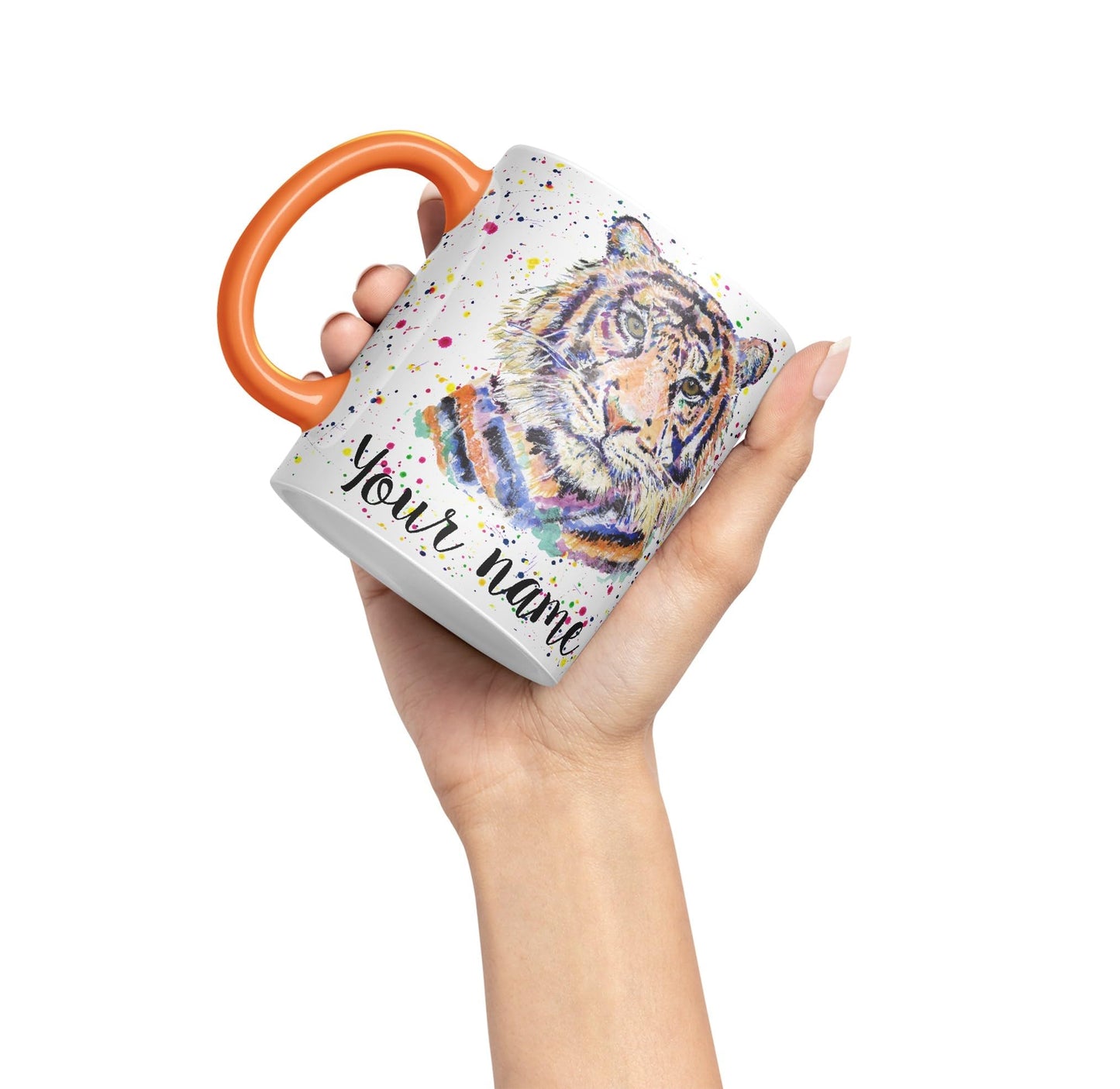 Vixar Personalised with Your Text Tiger Cat Safari Animals Watercolour Art Coloured Ceramic Mug Cup Gift 330ml 11oz Custom Work Office Tea Coffee (O2)