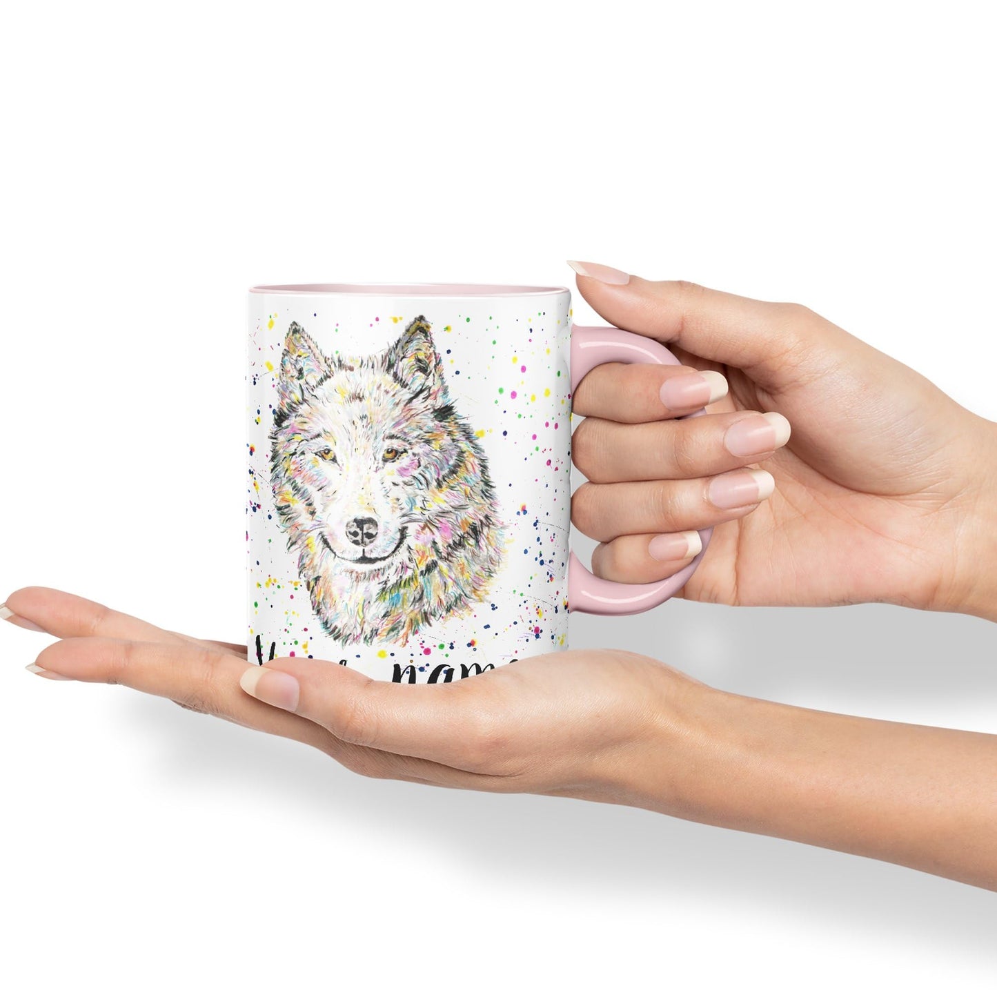 Vixar Personalised with Your Text Wolf Wolves Wildlife Animals Watercolour Art Coloured Ceramic Mug Cup Gift 330ml 11oz Custom Work Office Tea Coffee (O2)