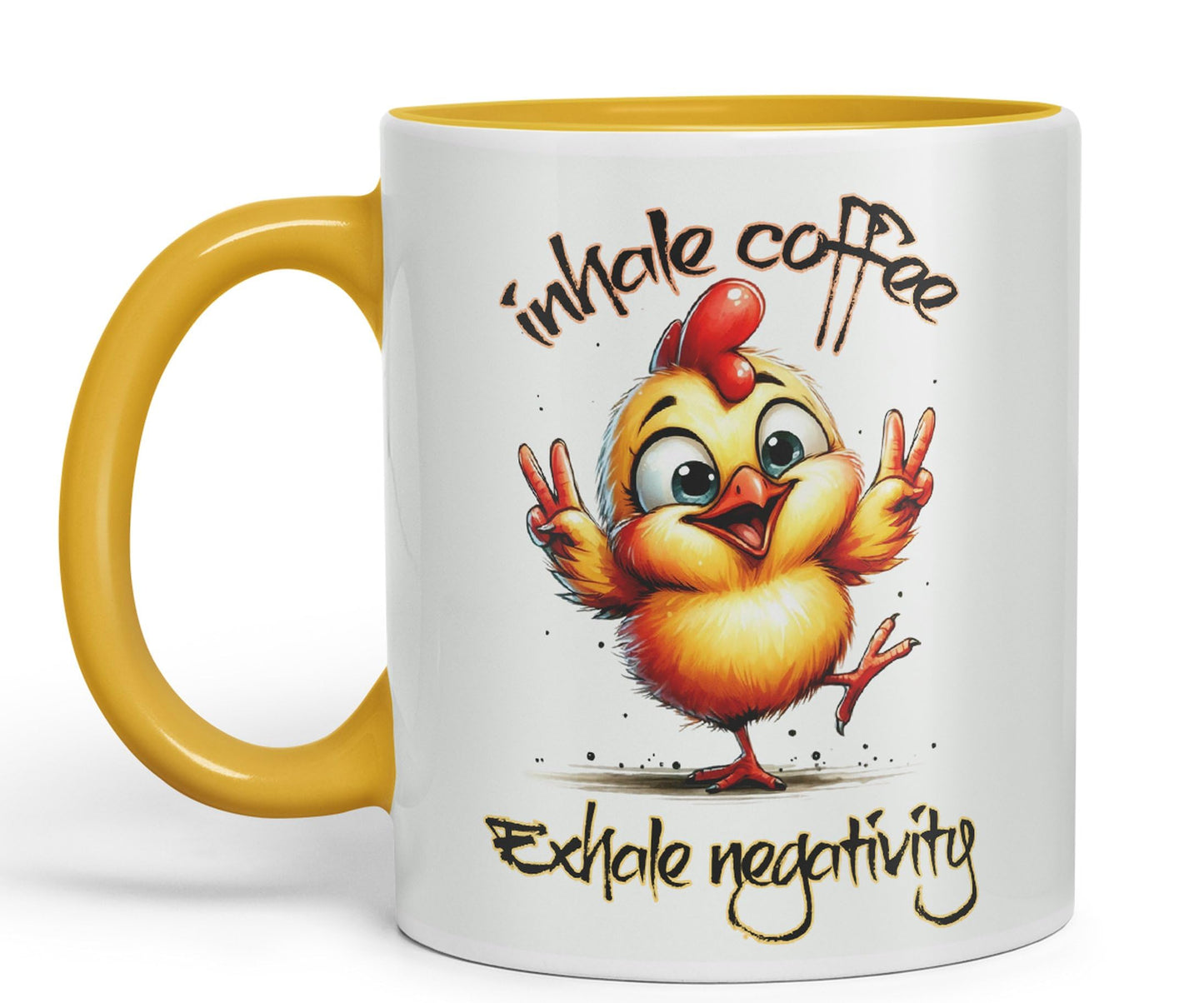 Inhale Coffee Exhale Negativity Chicken Joke sarkasm Sarcastic Ceramic Coloured Mug Cup for Tea Coffee Hot Brew 330ml 11Oz Gift