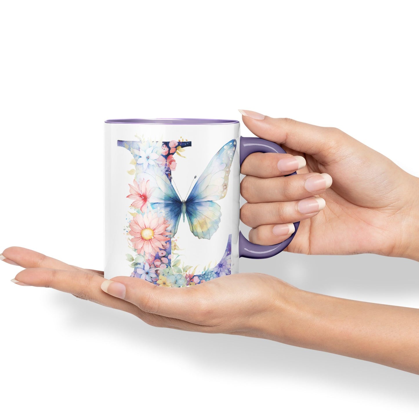 Letter L mug, Floral flowers butterfly Alphabet Letter L Monogram watercolour Ceramic Coloured Mug Cup for Tea Coffee Hot brew 330ml 11Oz Gift