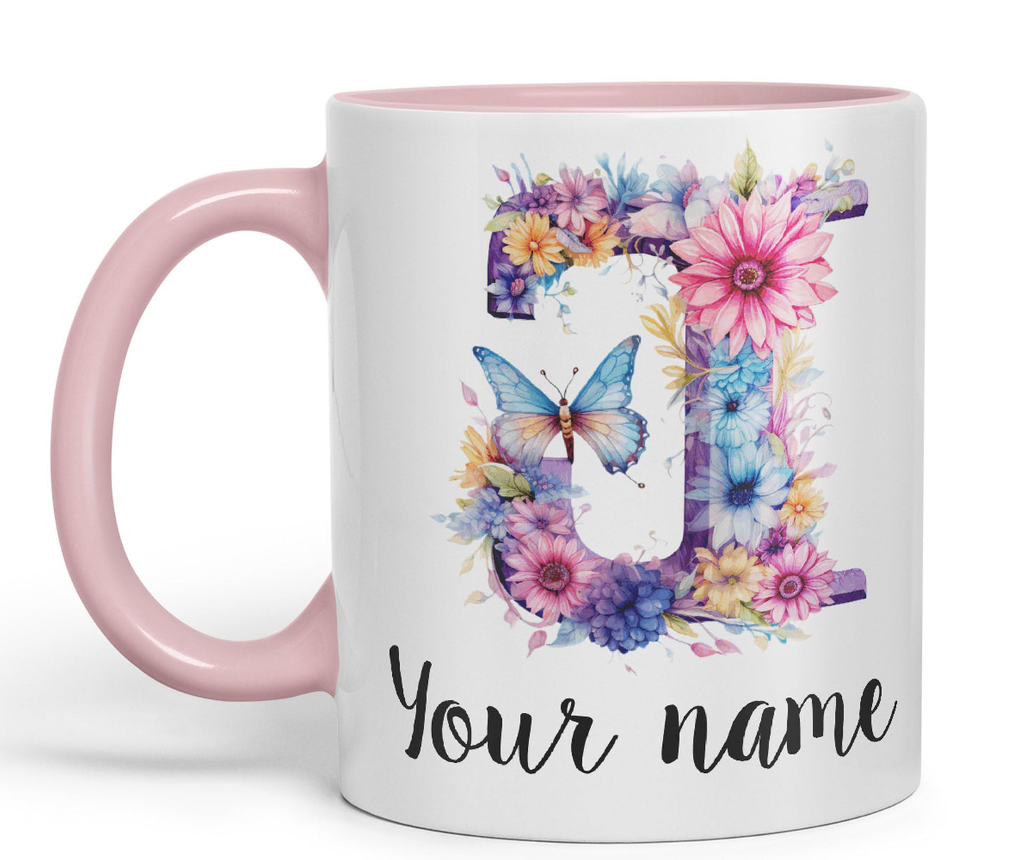 Personalised Letter J mug, Customized Custom Floral flowers butterfly Alphabet Letter J Monogram watercolour Ceramic Coloured Mug Cup for Tea Coffee Hot brew 330ml 11Oz Gift