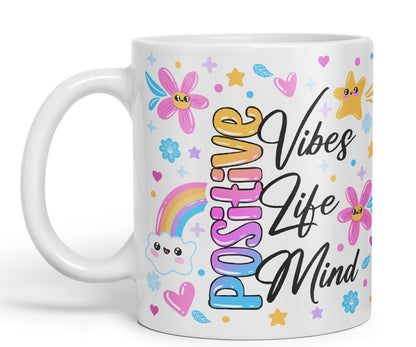 Positive Vibes Life Mind Presents Coloured Ceramic Mug Cup Gift 330ml 11oz Work Office Tea Coffee Gift