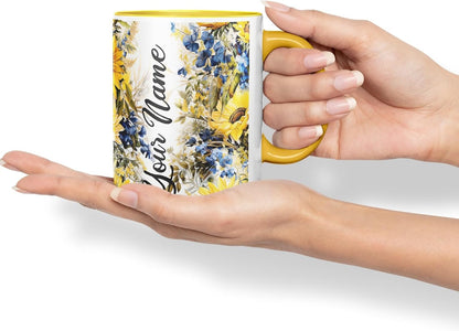 Vixar Personalised Sunflower Mug – Custom Your Name Coloured Ceramic Mug Cup Gift, 11oz (Gold Yellow)