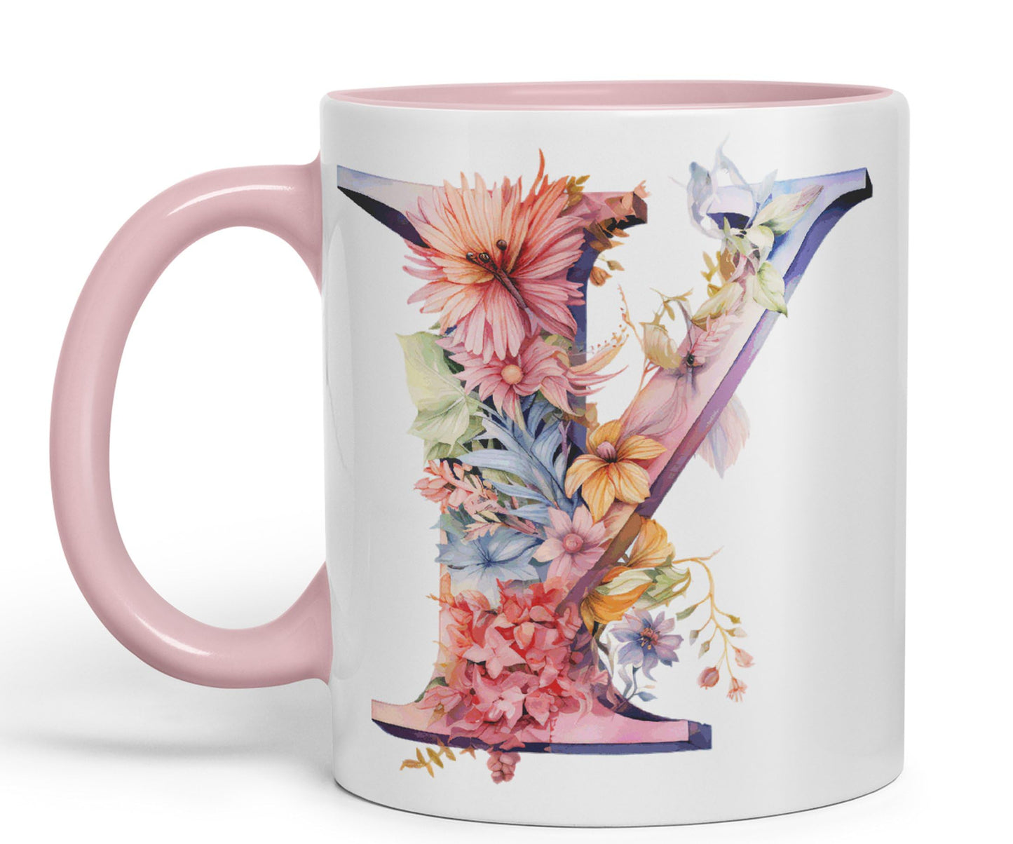 Letter Y mug, Floral flowers butterfly Alphabet Letter Y Monogram watercolour Ceramic Coloured Mug Cup for Tea Coffee Hot brew 330ml 11Oz Gift