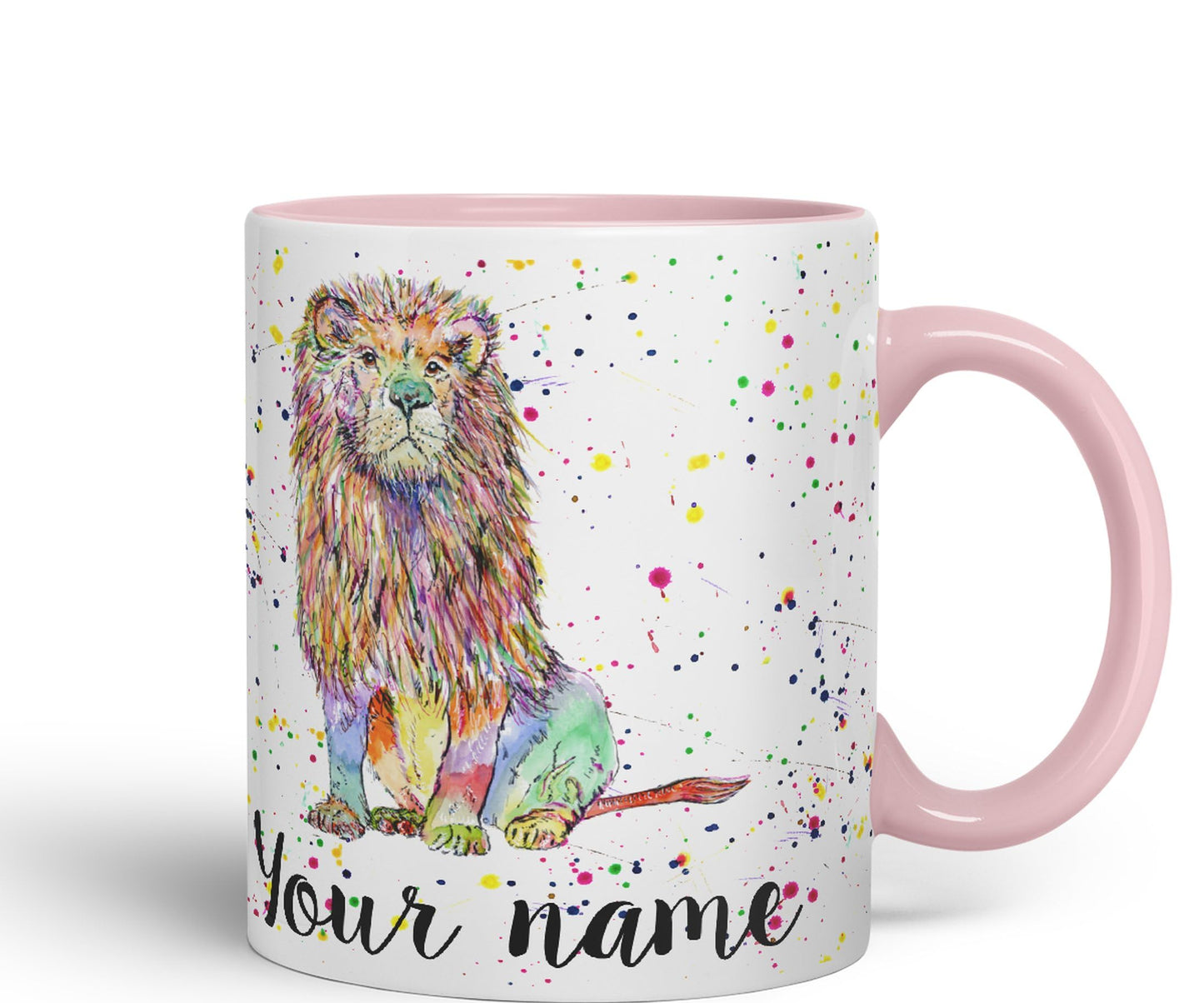 Vixar Personalised with Your Text Lion Cat King Safari Animals Watercolour Art Coloured Ceramic Mug Cup Gift 330ml 11oz Custom Work Office Tea Coffee