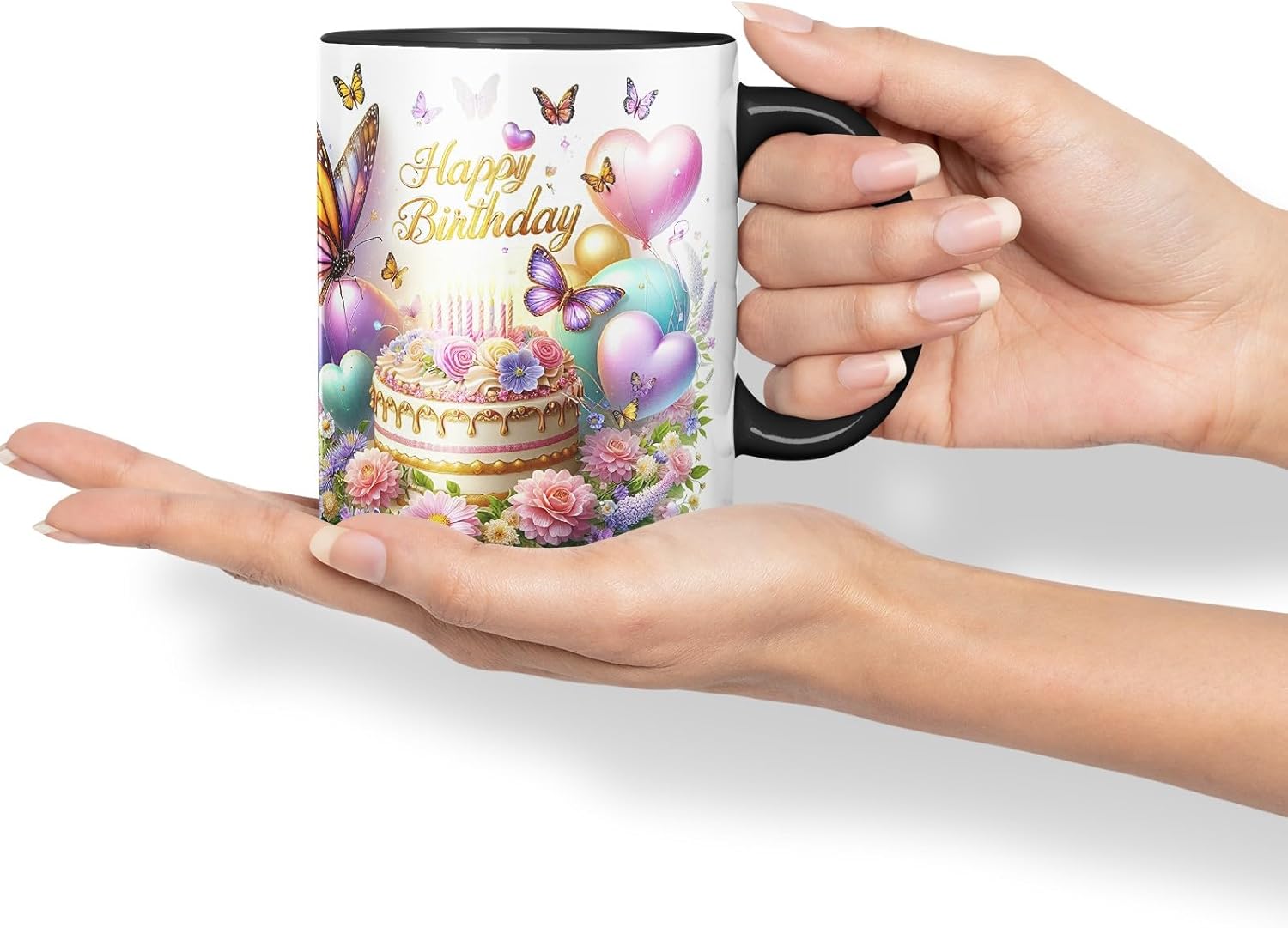 Vixar Happy Birthday Butterflies Over Cake Coloured Ceramic Mug Cup Gift 11oz V12 (Black)