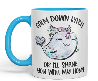 Vixar Unicorn Calm Down B... or I'll Shank You with My Horn Ceramic Coloured Mug Cup Gift Tea Coffee Christmas Office Home Sarcastic Joke