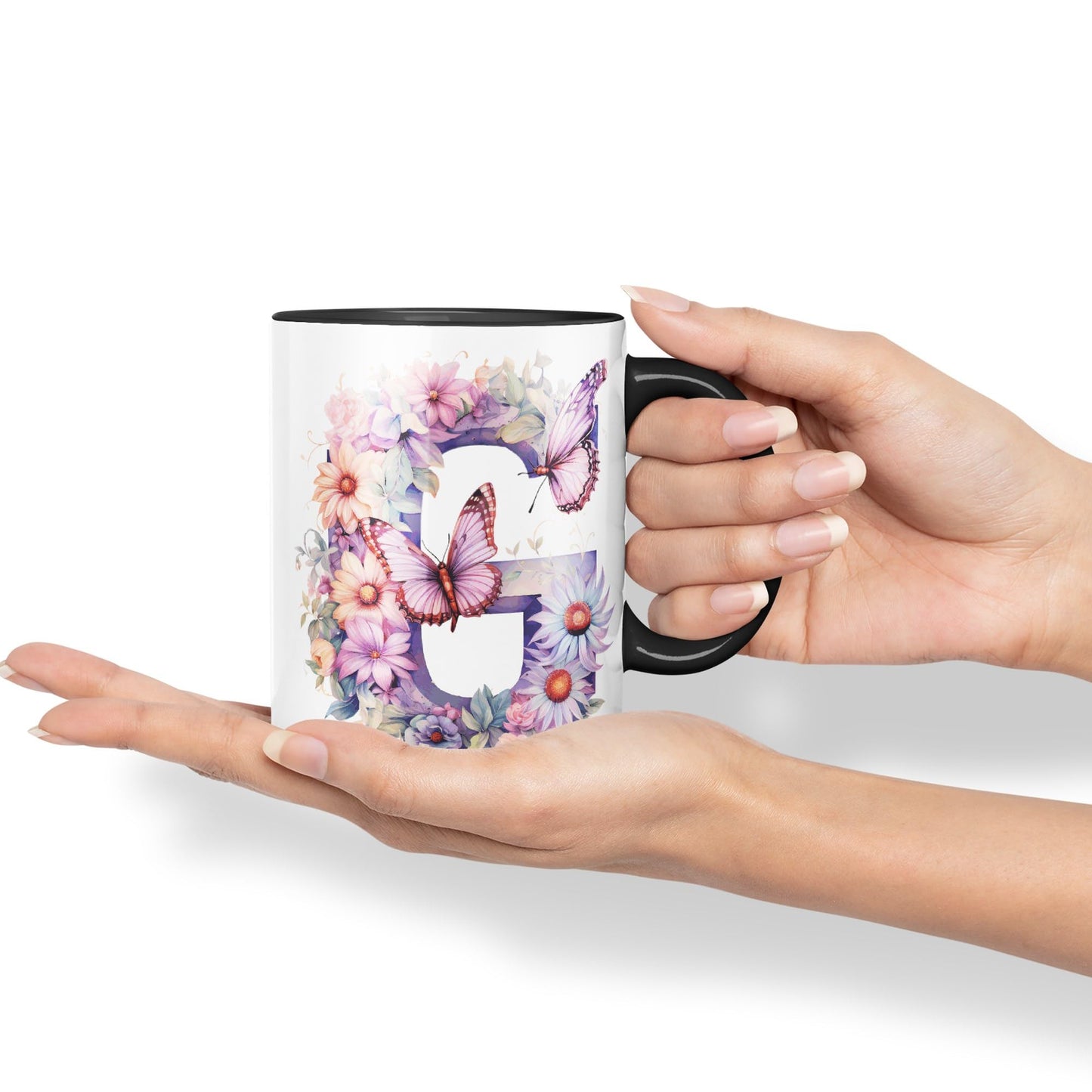 Letter G mug, Floral flowers butterfly Alphabet Letter G Monogram watercolour Ceramic Coloured Mug Cup for Tea Coffee Hot brew 330ml 11Oz Gift