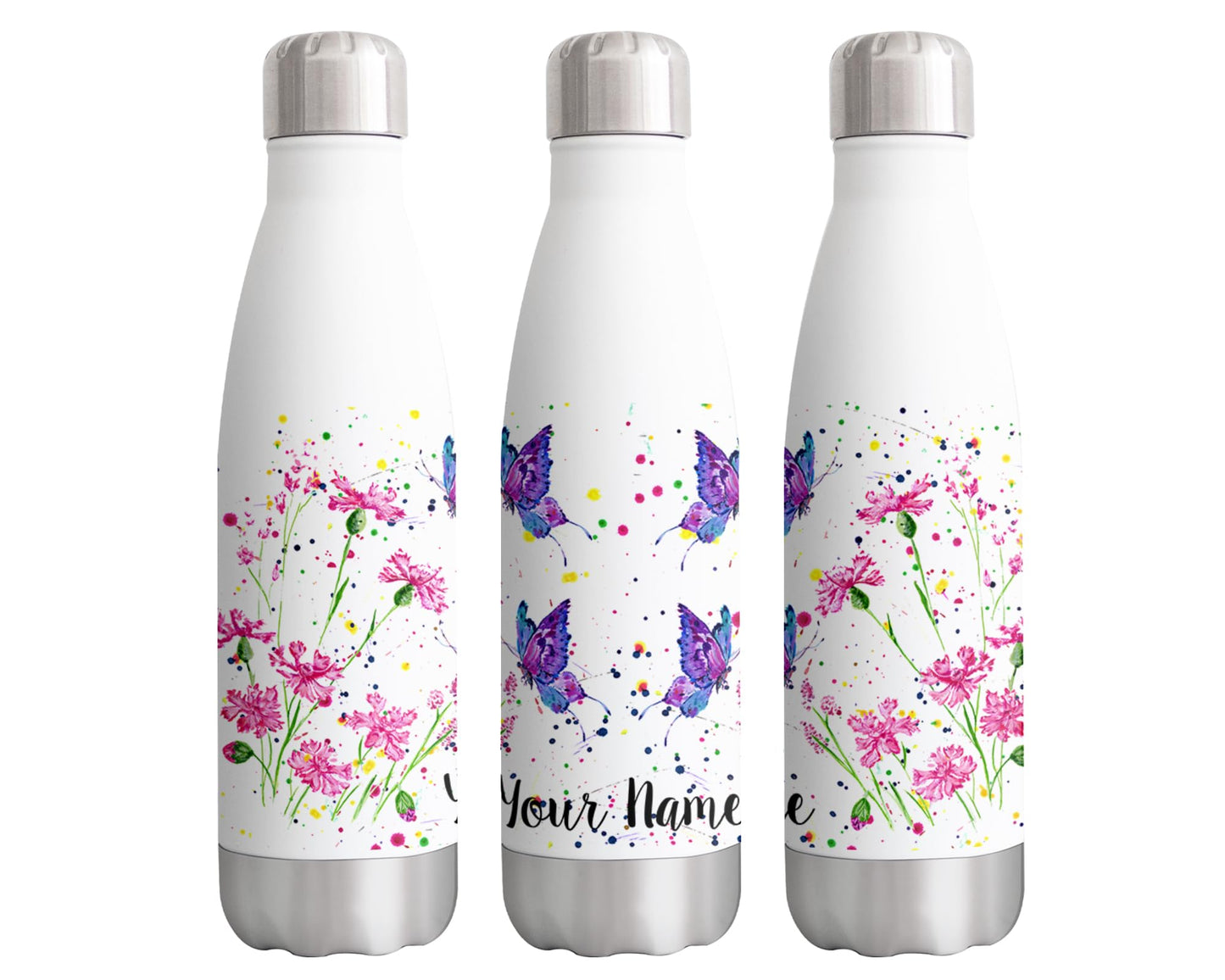 Vixar Flower butterfly Personalised Custom Bottle with your Text/name Insect Animals Watercolour Bottle Double Wall Insulated Stainless Steel Sport Drinks 500ml