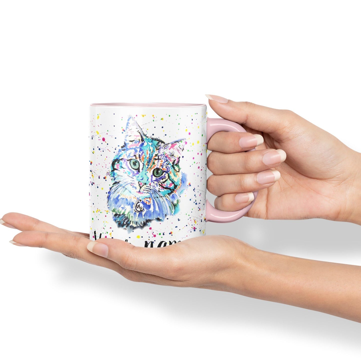 Vixar Personalised with Your Text Blue Cat Kitten Feline Watercolour Art Coloured Ceramic Mug Cup Gift 330ml 11oz Custom Work Office Tea Coffee