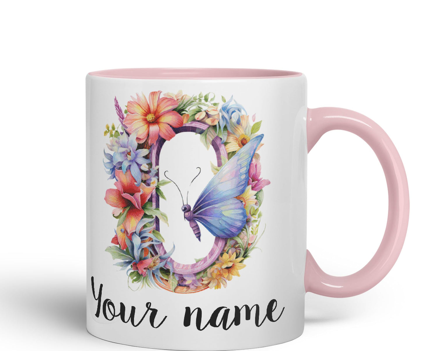 Personalised Letter O mug, Customized Custom Floral flowers butterfly Alphabet Letter O Monogram watercolour Ceramic Coloured Mug Cup for Tea Coffee Hot brew 330ml 11Oz Gift