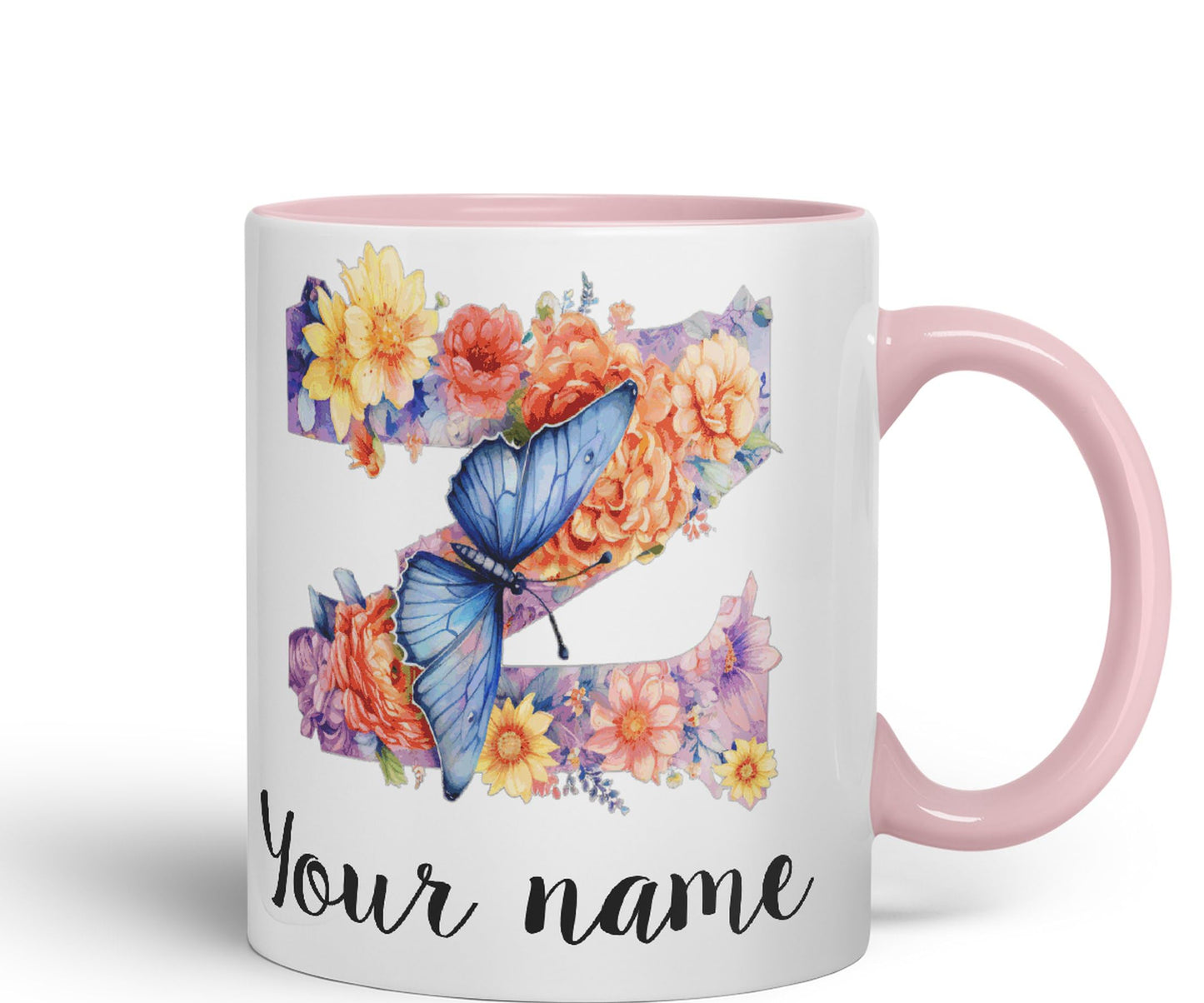 Personalised Letter Z mug, Customized Custom Floral flowers butterfly Alphabet Letter Z Monogram watercolour Ceramic Coloured Mug Cup for Tea Coffee Hot brew 330ml 11Oz Gift