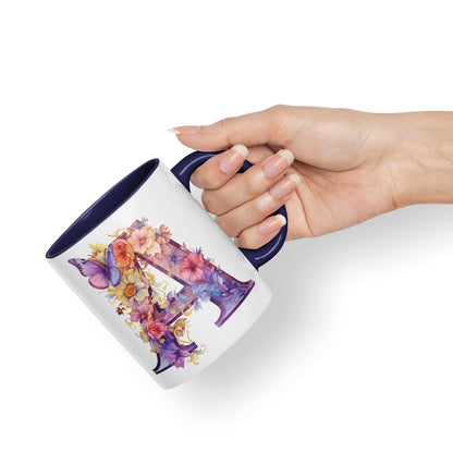 Letter A mug, Floral flowers butterfly Alphabet Letter A Monogram watercolour Ceramic Coloured Mug Cup for Tea Coffee Hot brew 330ml 11Oz Gift