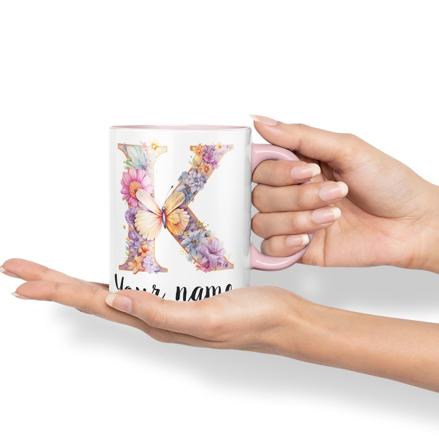 Personalised Letter K mug, Customized Custom Floral flowers butterfly Alphabet Letter K Monogram watercolour Ceramic Coloured Mug Cup for Tea Coffee Hot brew 330ml 11Oz Gift