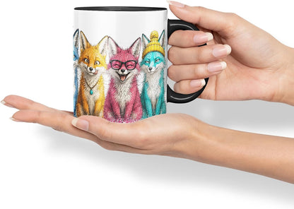 Vixar Fox Mug – Cute Fox Animal Coloured Ceramic Mug Cup Gift, 11oz (Black)