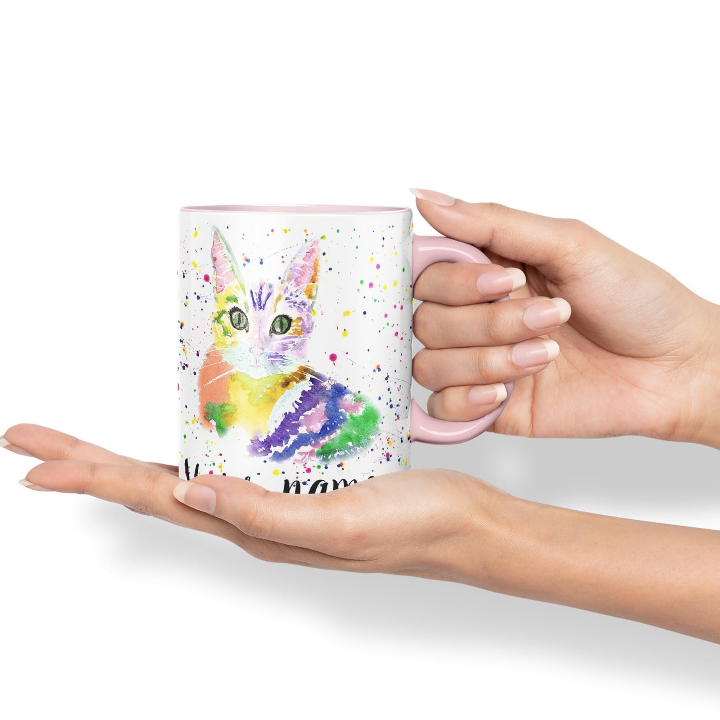 Vixar Personalised with Your Text Cat Kitten Feline Pet Animals Watercolour Art Coloured Ceramic Mug Cup Gift 330ml 11oz Custom Work Office Tea Coffee