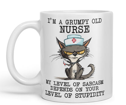 Vixar I'm A Grumpy Old Nurse My Level of Sarcasm Depends on Your Level of Stupidity Cats Sarcastic Joke Ceramic Coloured Mug Cup for Tea Coffee Hot Brew 330ml 11Oz